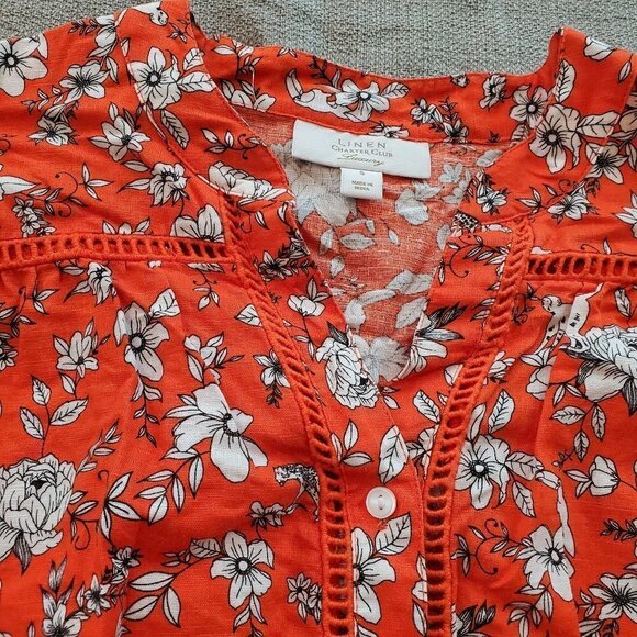 Charter club Luxury Linen Floral + Monkey button up shirt Tie Front Waist Sz S - Picture 1 of 4